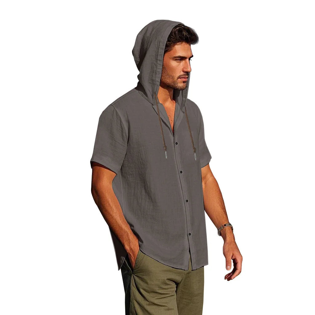 American Summer Men's Thin Breathable Linen Ami Kaji Loose Hooded Short-sleeved Shirt Men