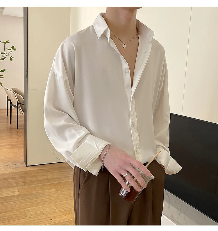 White Long Sleeved Shirt Men Oversized Fashion Social Mens Dress Shirt Korean Loose Ice Silk Shirt Mens Office Formal Shirts