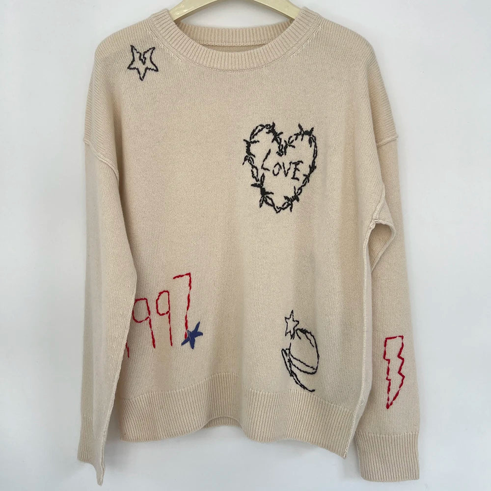 Rowan M538 Letter Jacquard Knit Pullover Winter O-Neck Long Sleeve Buttons Female Sweater Classic Casual Lady Top 2026