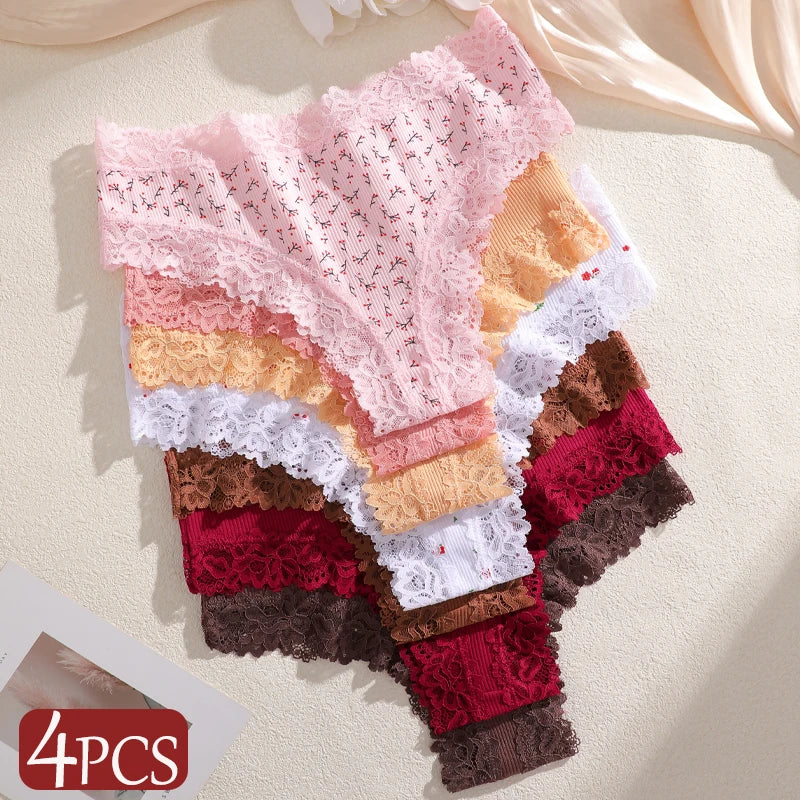 4Pc S-XL Women's Cotton Sexy Lace Brazilian Pants Seamless Low Waist Printing Breathable Underwear Ladies Lace Patchwork Panties