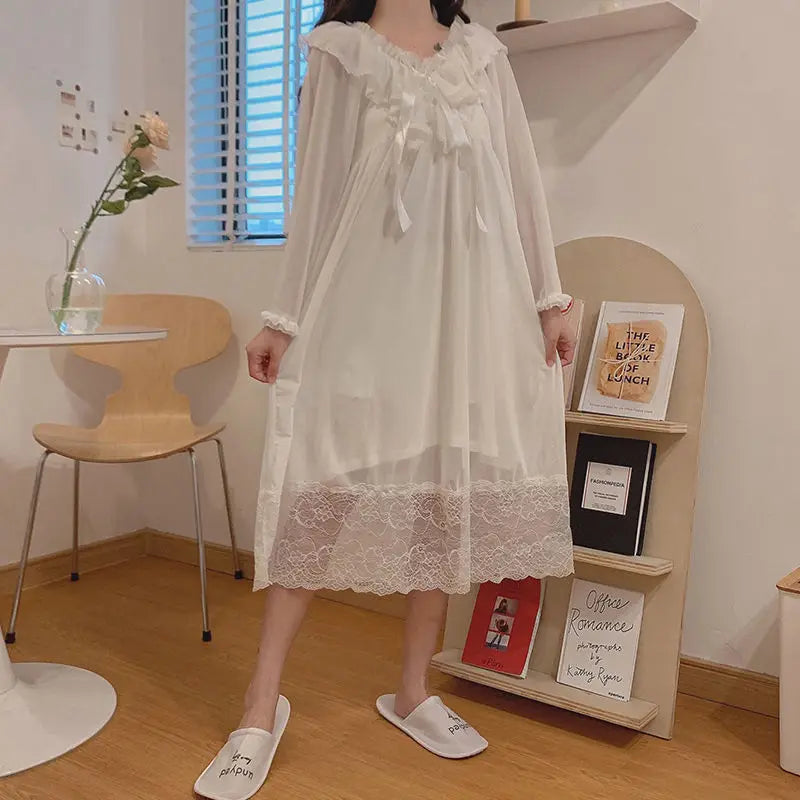 Female Dress Nightgowns Long Sleeve Autumn Sleepwear Sexy Lace Princess Nightwear Dress Nightshirts Vintage Palace Nightgown