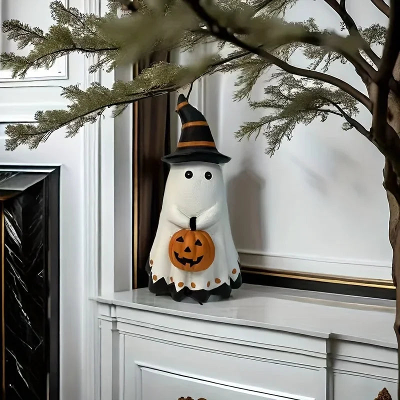 Halloween Ghost Figurine with Witch Hat Holding Pumpkin Lantern Statue Home Tabletop Ornament Spooky Party Decor Indoor Ornament
