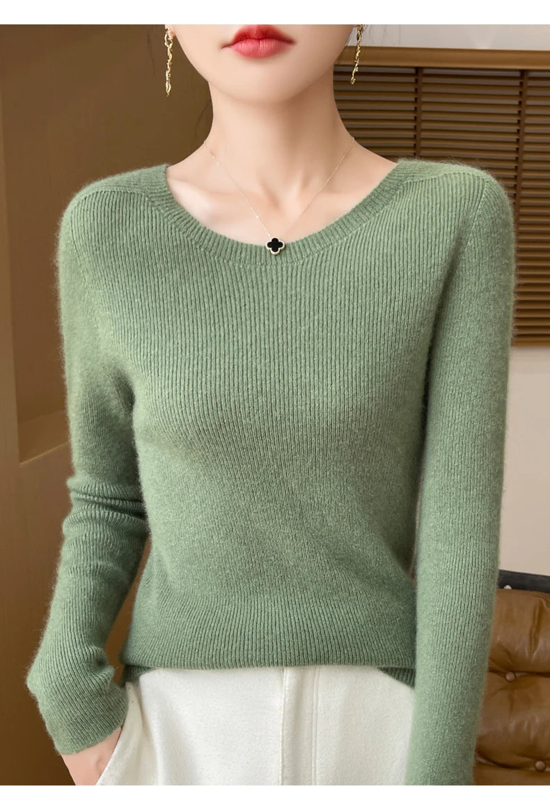 Early Fall New Crew-Neck Sweater Elegant High Elastic Simple Solid Color Thin Knit Crew-Neck Sweater Long Sleeve-GH458