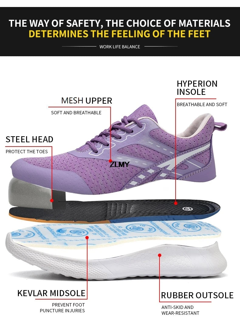 ZLMY New Women Safety Shoes Steel Toe Sneaker Lightweight Work Shoes Puncture Proof Work Safety Boots Woman Men Security Boots