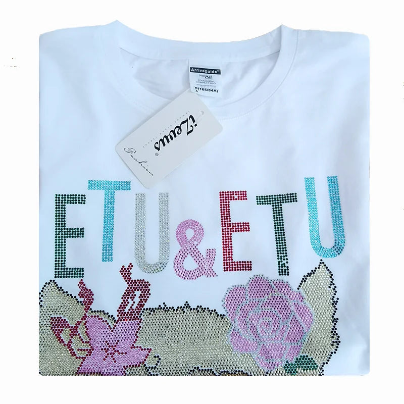 High quality rhinestone T shirt female summer short sleeve female fashion shiny cat crystal hot diamond T-shirt collar soft cott