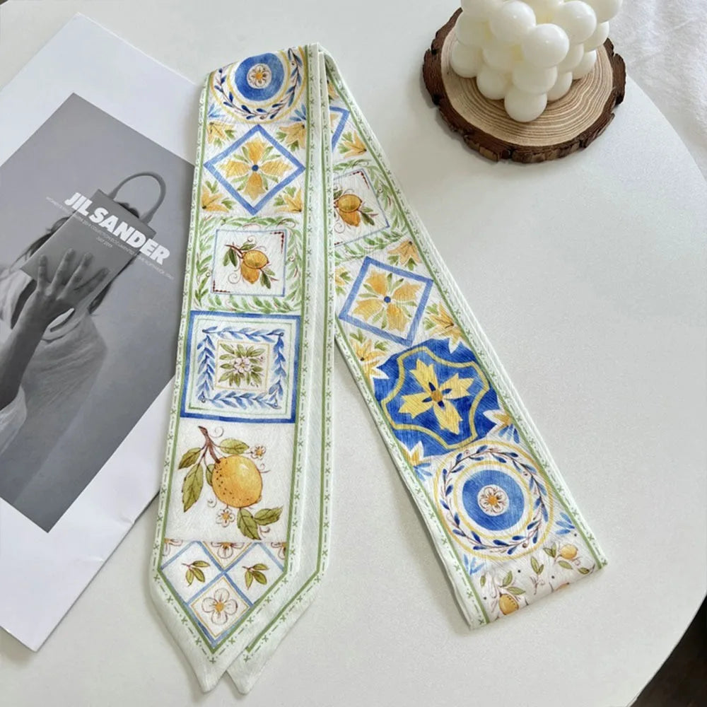 Summer Versatile Satin Silk Ribbon Scarf Fresh Floral Narrow Hair Tie Long Thin Fashion Accessory for Women Bag Strap