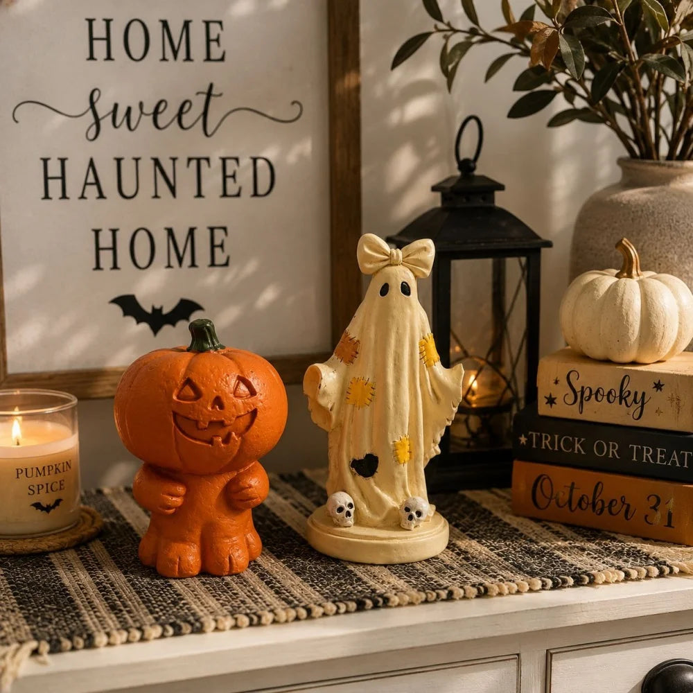 Halloween Pumpkin Man Ornament, Resin Trendy Collectible Figurine, Patchwork Ghost Desktop Decor for Home Holiday Party Decor