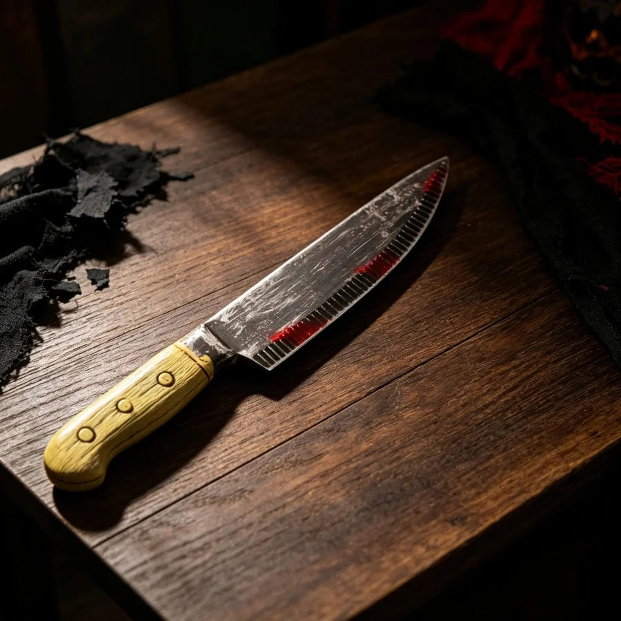 Halloween haunted house costume props, unsharpened plastic bloody knife, chainsaw, bronze axe—festival horror-themed weapons