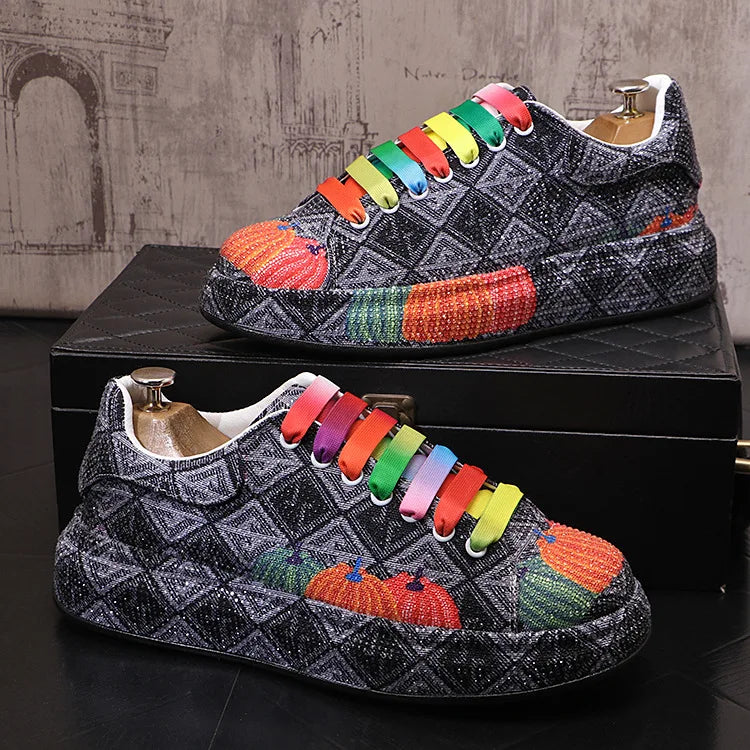 Sneakers Casual Mens Designer Bling Graffiti Board Shoes Fashion Microfiber Leather Breathable Increased Internal Platform Shoes