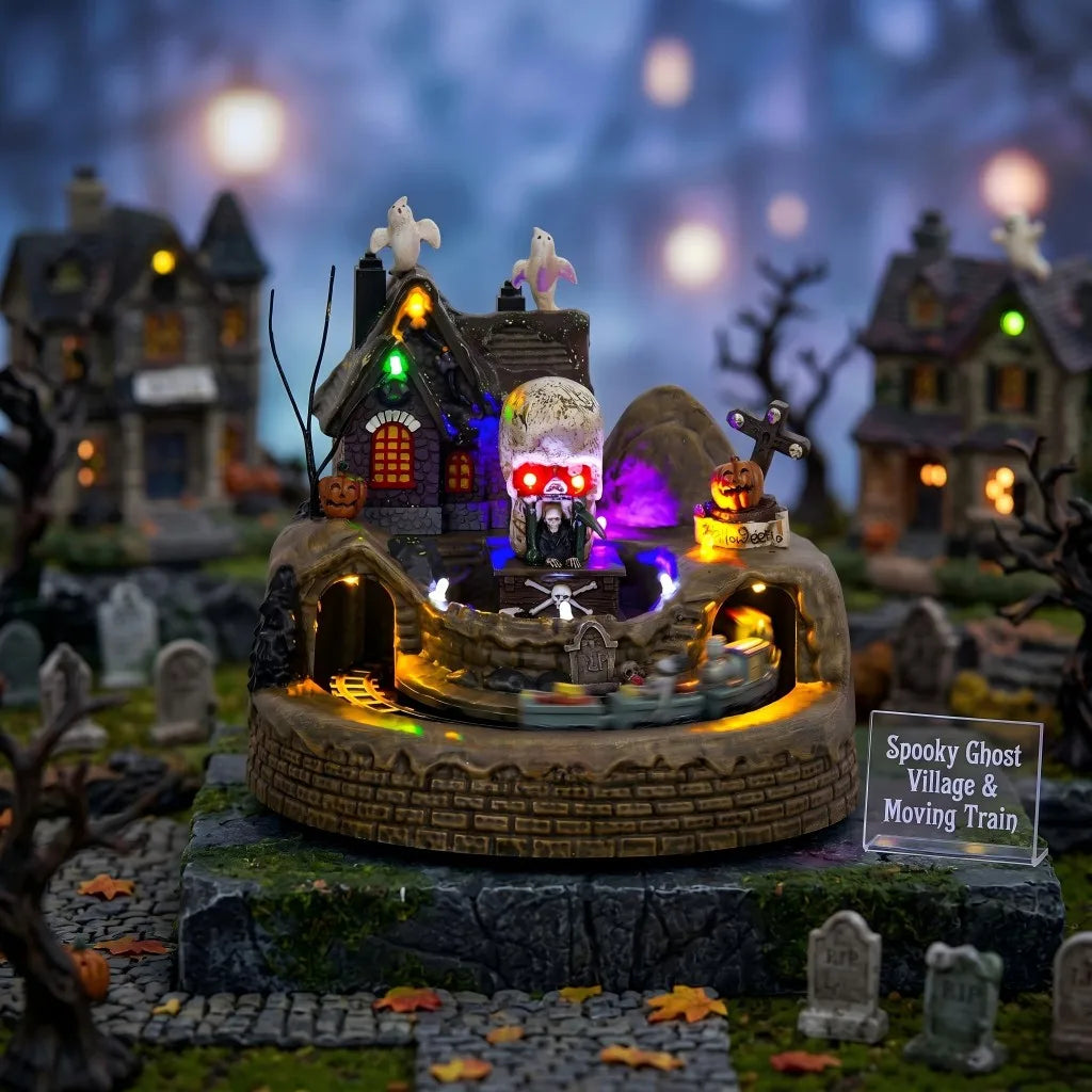 Halloween Holiday Village Train Decor with LED Lights Music Spooky Ghost & Skeleton Figurines, Festive Haunted House Decoration