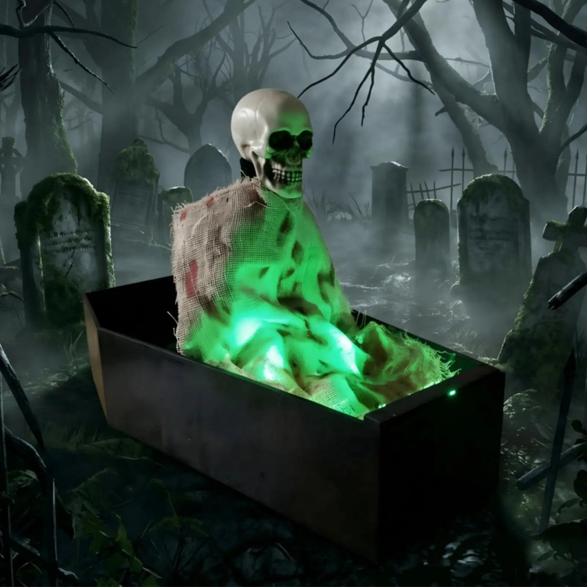 Halloween Sound Activated Animated Skeleton Coffin Decor Realistic Skeleton Green LED Lights Scary Sounds for Home Party Prank