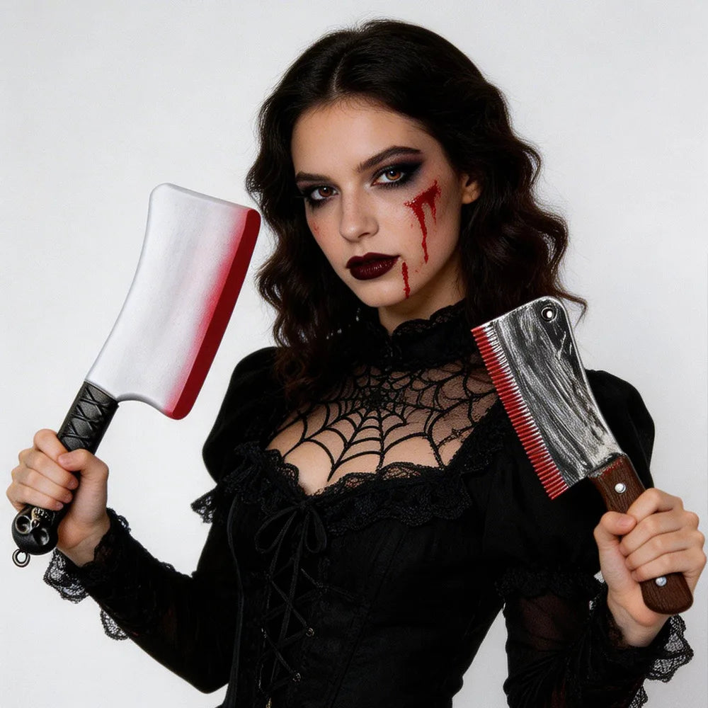 Halloween realistic props - blood-spreading axes, chainsaws, plastic knives for costumes, party cosplay props