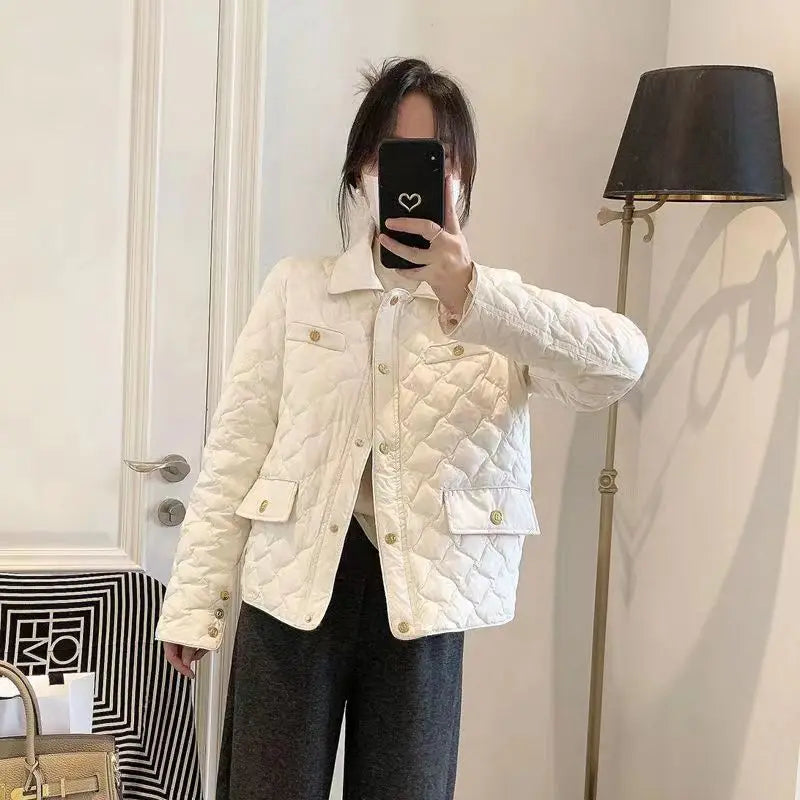 Down Cotton Jacket Women's 2025 Autumn Winter New Light And Thin European High-End sense Niche Rhombus Down Cotton Jacket Parka