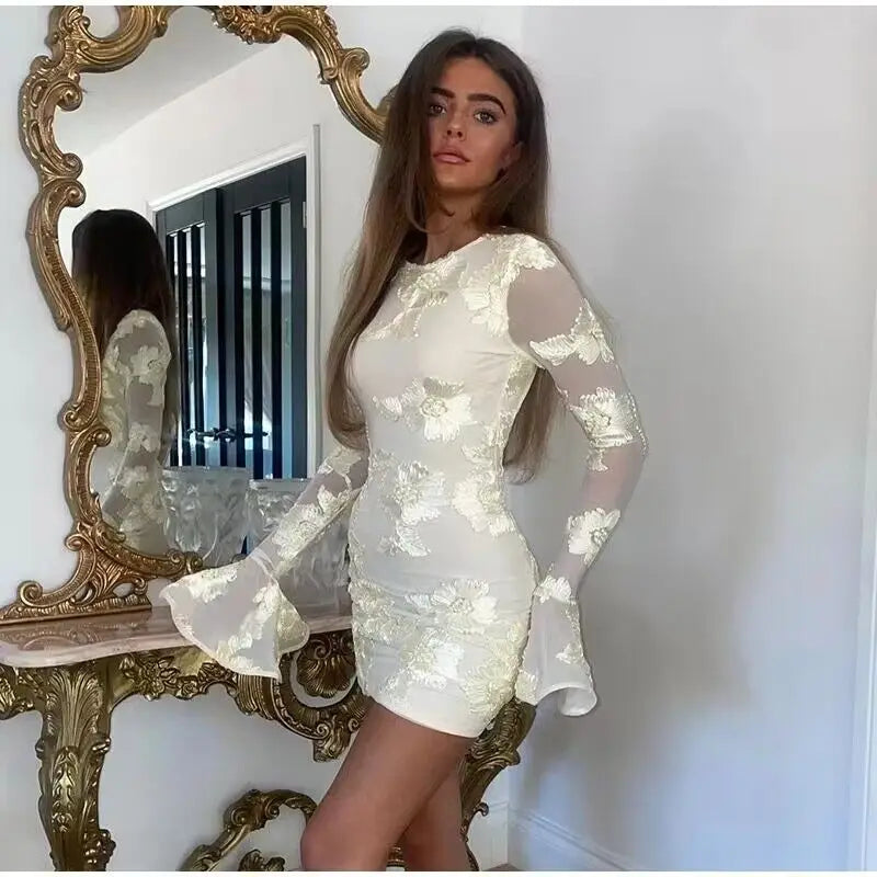 GACVGA Mesh Flare Sleeve Elegant Mini Dress For Women 3D Flower Slim Backless Sexy Bodycon Party Club Dress