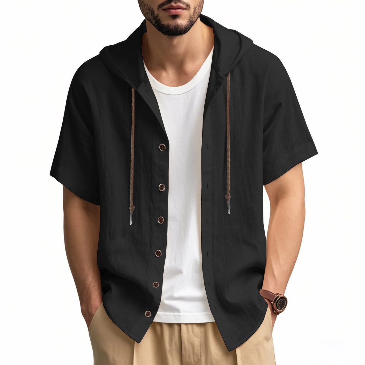 American Summer Men's Thin Breathable Linen Ami Kaji Loose Hooded Short-sleeved Shirt Men