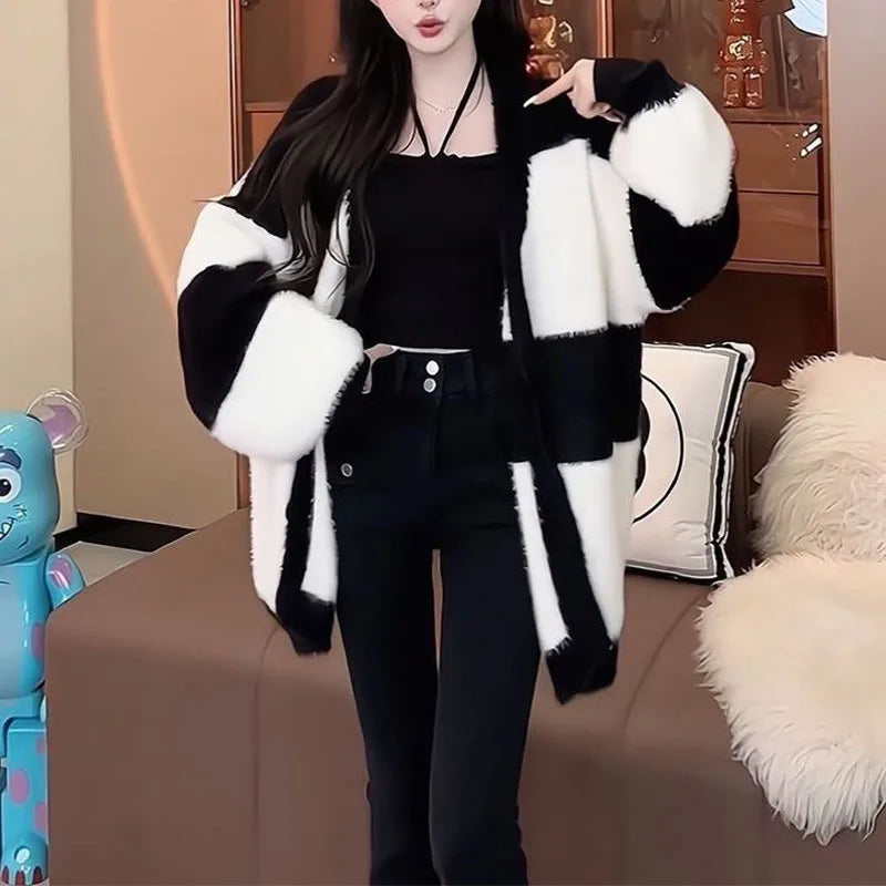Women Mink Fur Knitted Cardigans Sweaters Autumn Winter Loose Sweet Fashion Stripe Lantern Sleeve Thicken Contrast Color Coats
