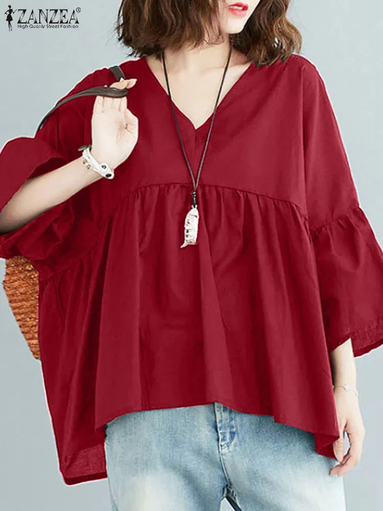 ZANZEA Women Summer Flare Sleeve Tops 2025 Casual Solid Color Blouse Fashion Pleating Tunic V-neck Shirt Loose Blusas Femininas