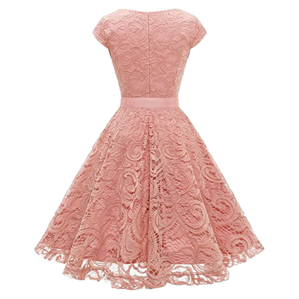 Women's Lace Party Dress Summer Short Sleeve O Neck Swing High Waist Bridesmaid Dress Bow Tie Formal Cocktail Swing A Line Dress