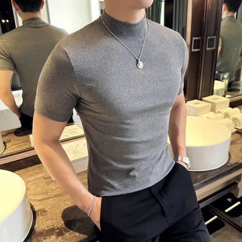 Spring Summer Men's Half High Neck Short Sleeve T-shirt Korean Slim Fit Solid Color Bottom Shirt Casual Cotton Elastic T-shirts