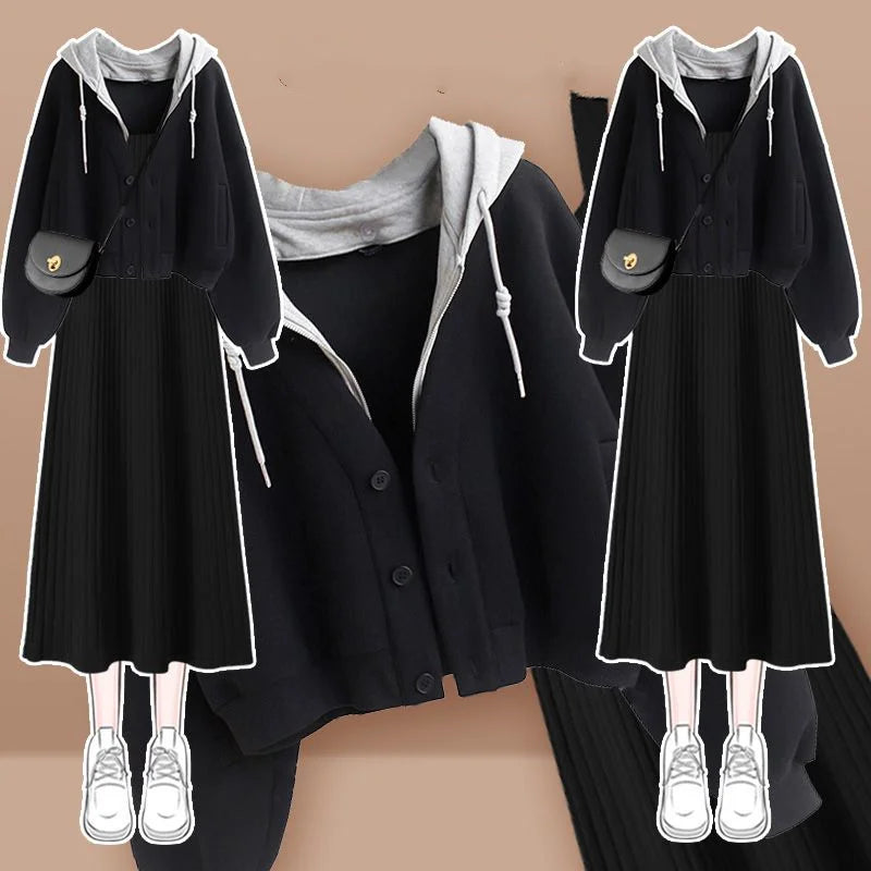 Women's Clothes Spring Autumn Single/Outfits 2025 Korean Fashion Casual Hooded Coat Knit Dress Suits Casual Jacket Two Piece Set