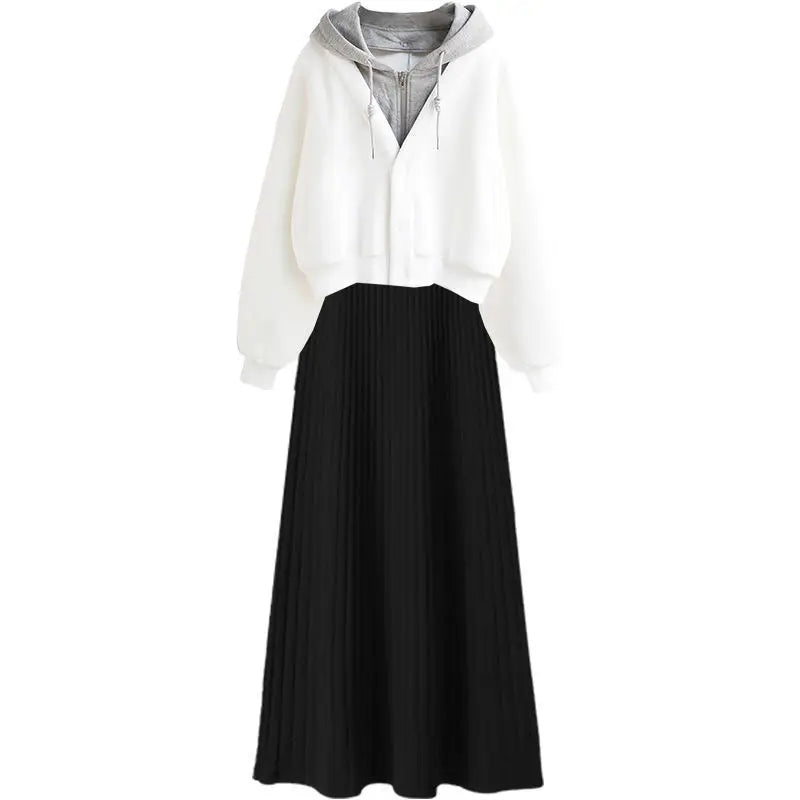 Women's Clothes Spring Autumn Single/Outfits 2025 Korean Fashion Casual Hooded Coat Knit Dress Suits Casual Jacket Two Piece Set