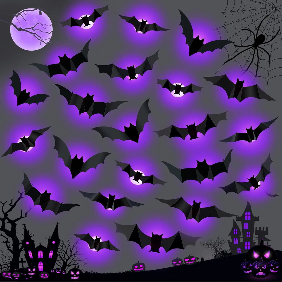 Halloween Bat/Spider Night Light 3D Purple/Green Lights Wall Sticker Self Adhesive Glow Decor for Haunted House Party Supplies