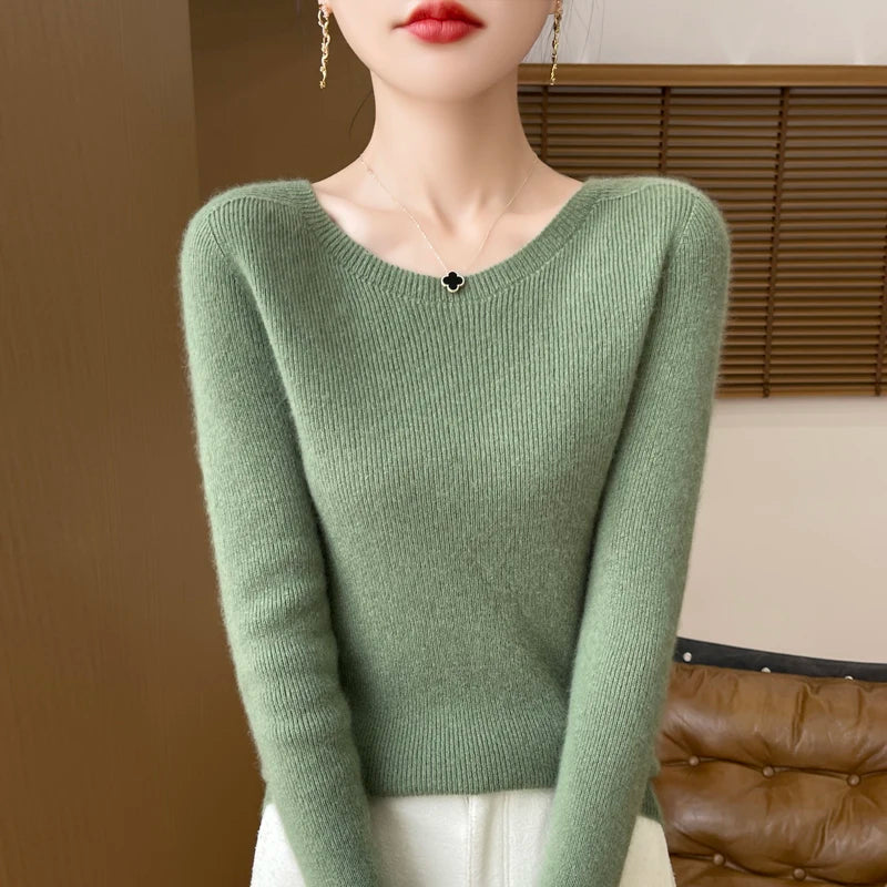 Early Fall New Crew-Neck Sweater Elegant High Elastic Simple Solid Color Thin Knit Crew-Neck Sweater Long Sleeve-GH458