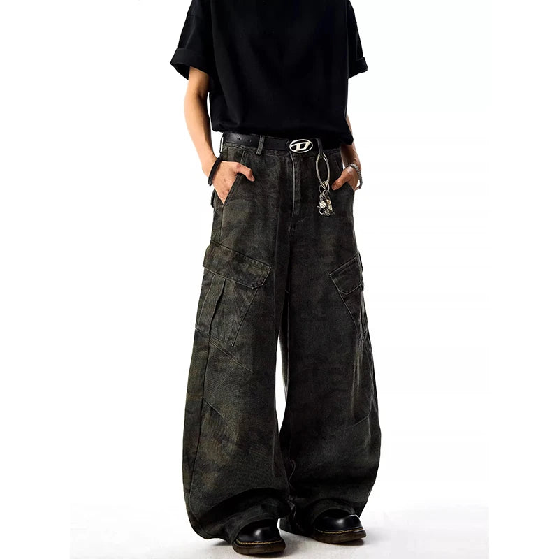 High Waist Men's Camouflage Jeans Aesthetic Vintage 2000s Streetwear Y2K Wide Leg Jeans Autumn Spliced Trouser Baggy Denim Pants