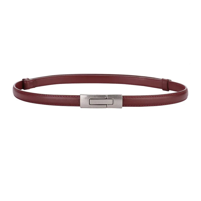 Women Skinny Genuine Leather Slim Belt Adjustable Alloy Buckle Waist Belt for Dress