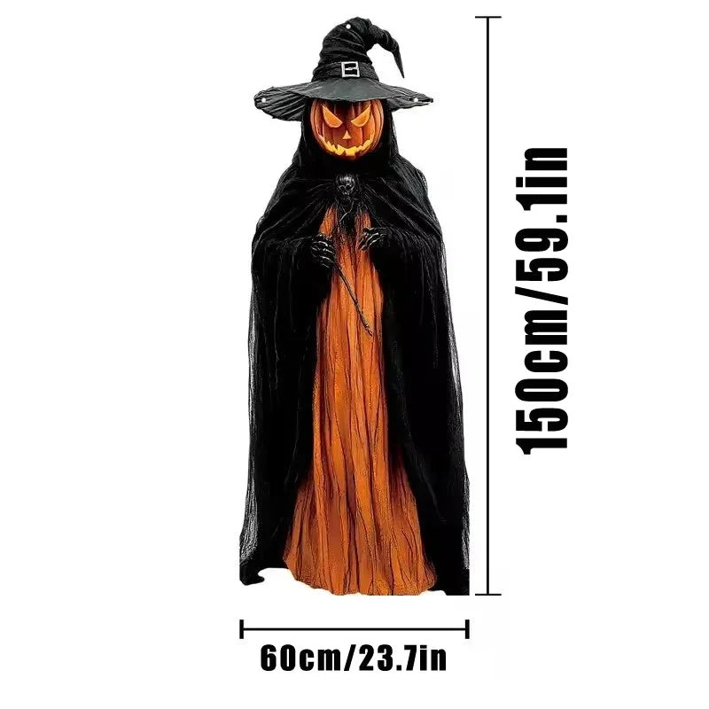 Halloween Pumpkin Head Witch Cloak Decor, Jack-o'-Lantern Witch Statue with Black Hat and Cape, Spooky Holiday Ornament for Home