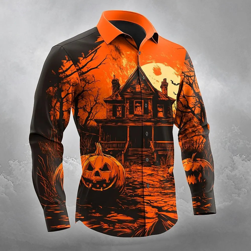2025 Fall Winter Men's Pumpkin Haunted House Halloween Costumes Shirt Button Up Shirt Long Sleeve Shirts Gothic Style Tops