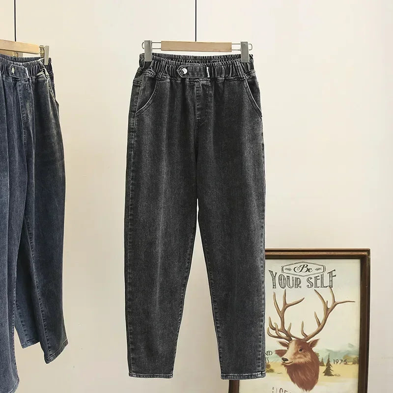 L-6XL Plus Large Size Baggy Jeans Women High Waisted Jeans Woman Mom Jeans Loose Denim Harem Pants Elastic Waist Blue