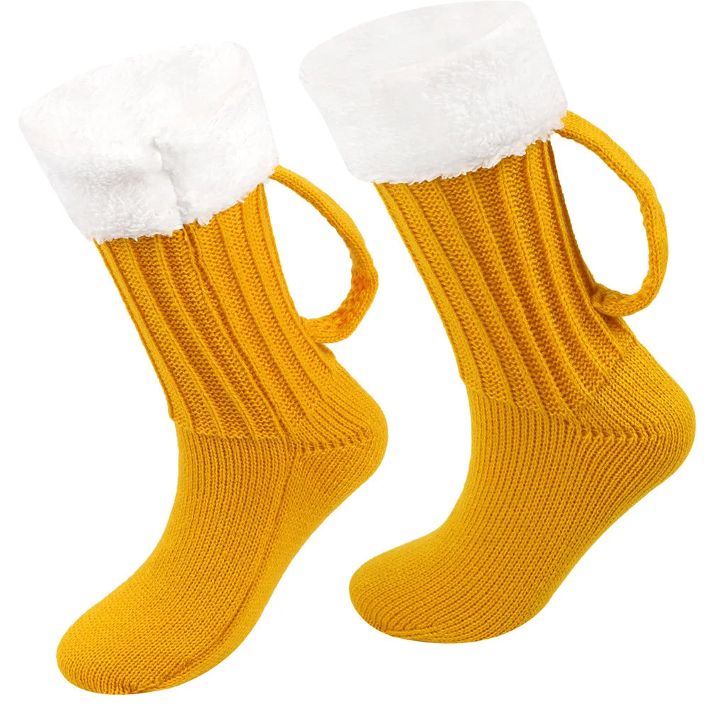 1 Pair Pack Beer Socks, Chunky Knit 3D Beer Mug Socks, Warm Winter Crew Socks, Non-Slip Floor Slipper Socks for Men Women