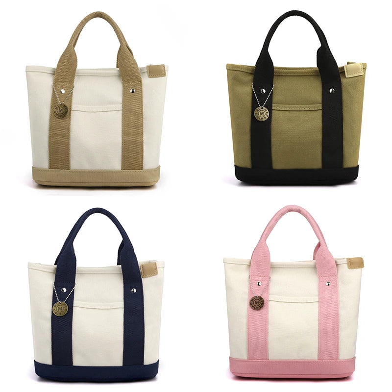 Canvas Tote Bag Portable Large Capacity Leisure Lunch Bento Bucket Bag Multi-divided Handbag