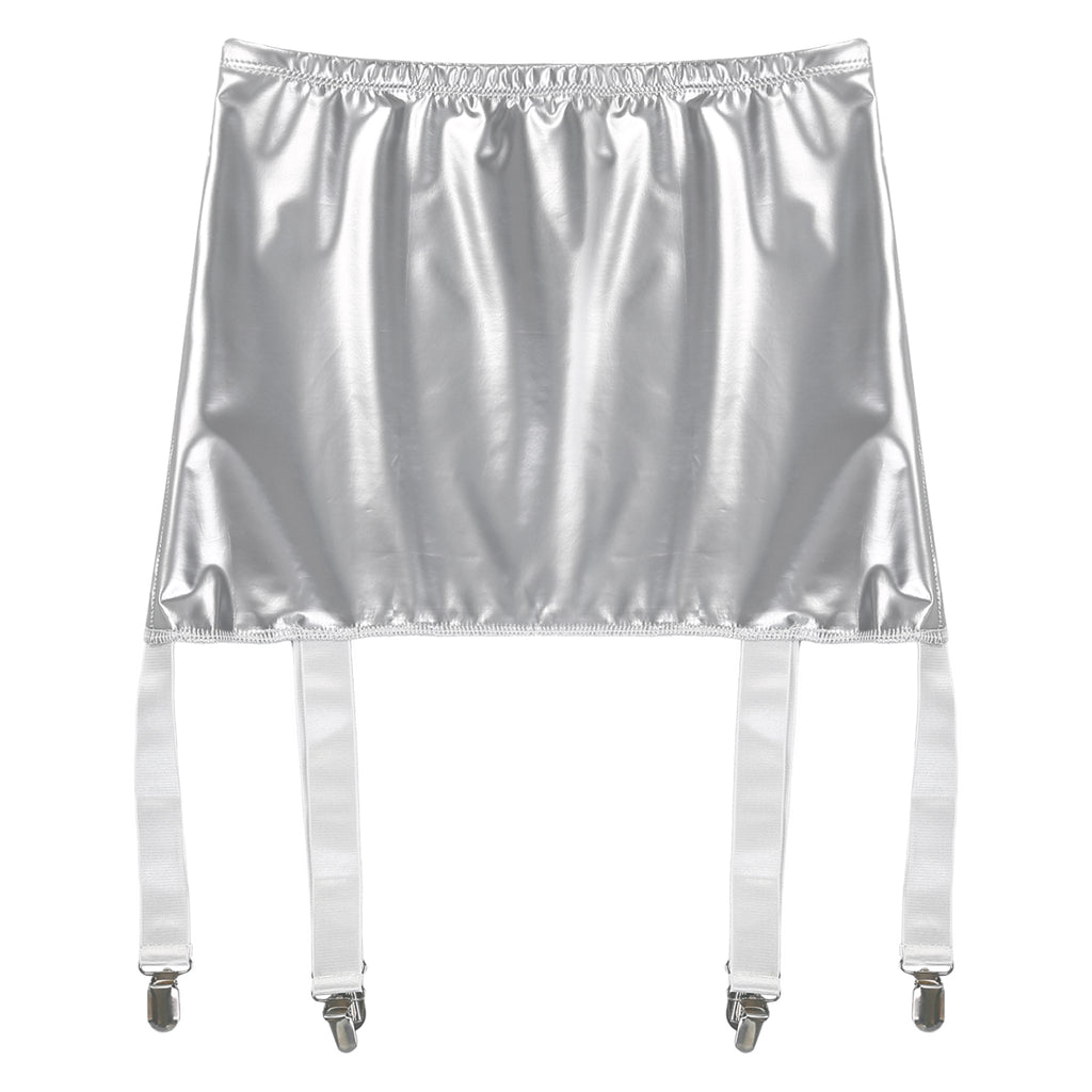 Sexy Women Wetlook PVC Leather Ruffled Skirts Party Low Waist Built-in Thongs Mini Skirt with Garter Belts Metal Clips Set Club