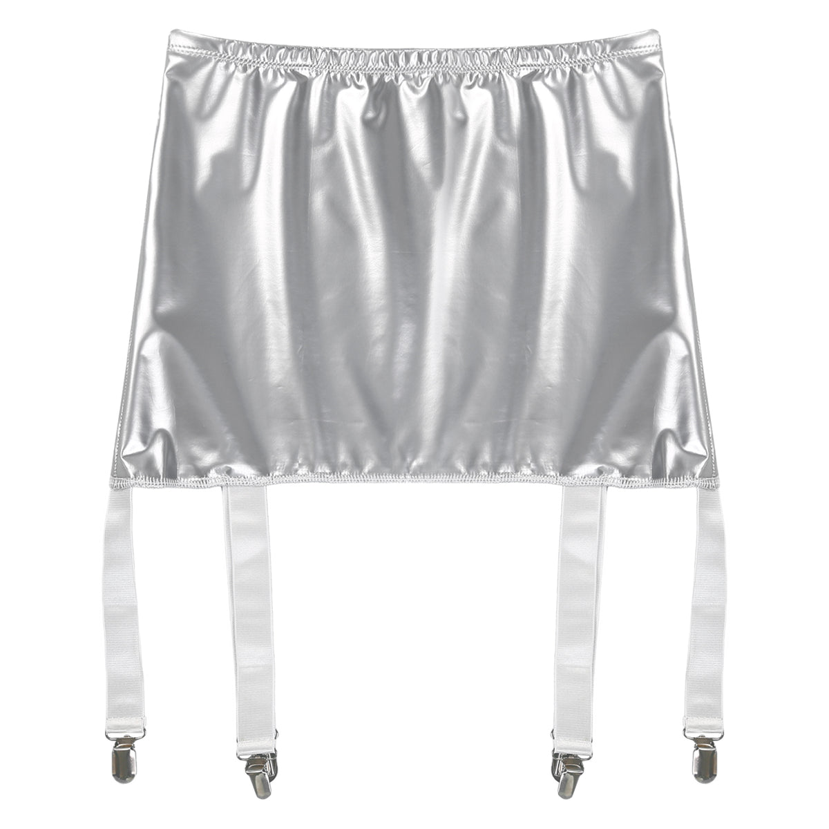 Sexy Women Wetlook PVC Leather Ruffled Skirts Party Low Waist Built-in Thongs Mini Skirt with Garter Belts Metal Clips Set Club