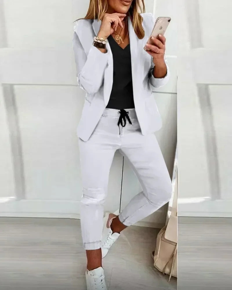 2026 Women's Formal Two Pieces Office Suit Sets Slim Blazer and Pants with Pocket Lapel Women Suits Office Sets 2PCS Tracksuit