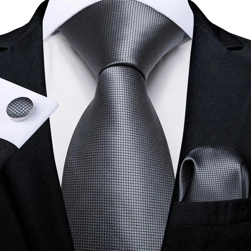 Hi-Tie White Grey Paisley 2026 New Mens Tie Hanky Cufflink Set Necktie For Men Wedding Party Business Men Tie Fashion Brand