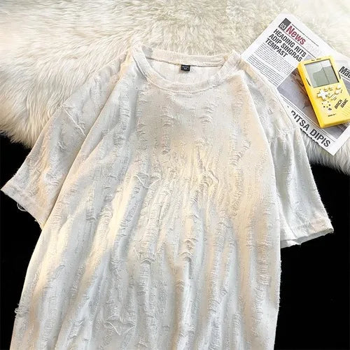 Ripped T-shirts Men Hole Y2k Tops Streetwear Summer O-neck Clothing Hip Hop Fashion Teens American Retro Vintage Футболки Baggy