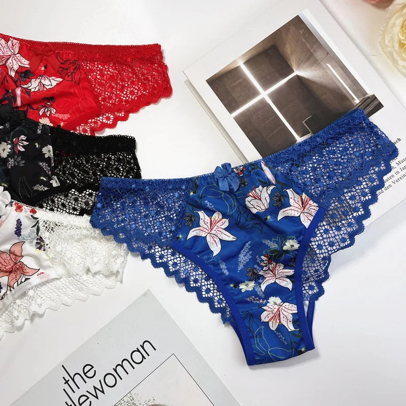 Floral Embroidery Lace Panties Women Briefs Sexy Hollow Out Bow Lingerie Female Underwear Ladies Breathable Underpants