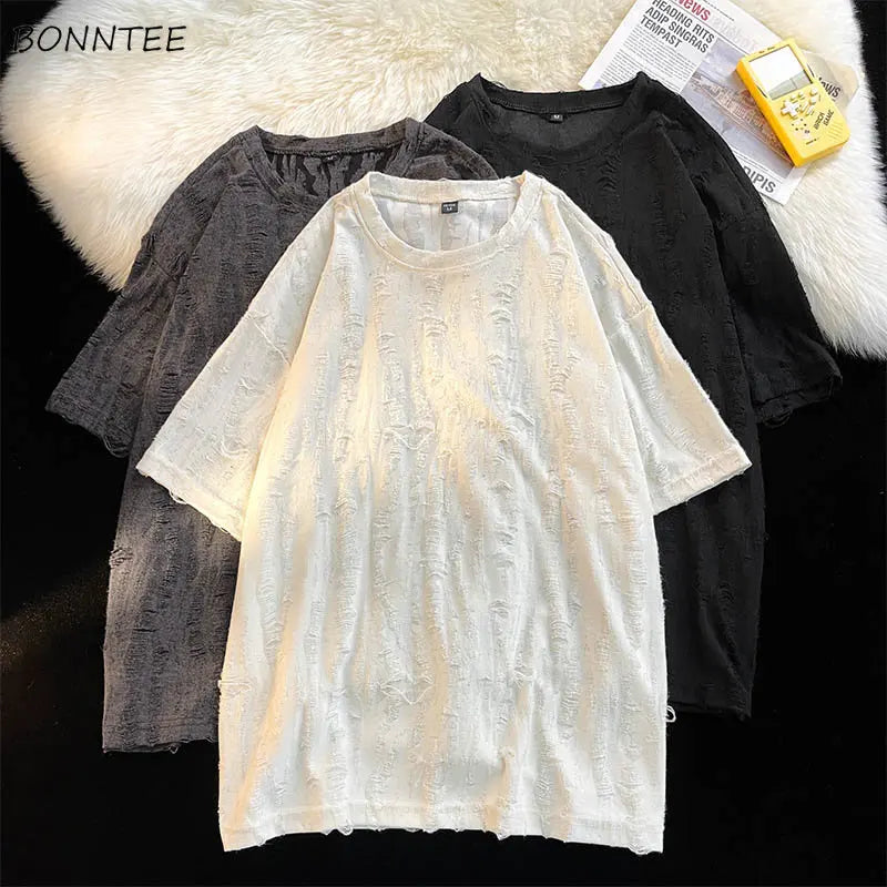 Ripped T-shirts Men Hole Y2k Tops Streetwear Summer O-neck Clothing Hip Hop Fashion Teens American Retro Vintage Футболки Baggy