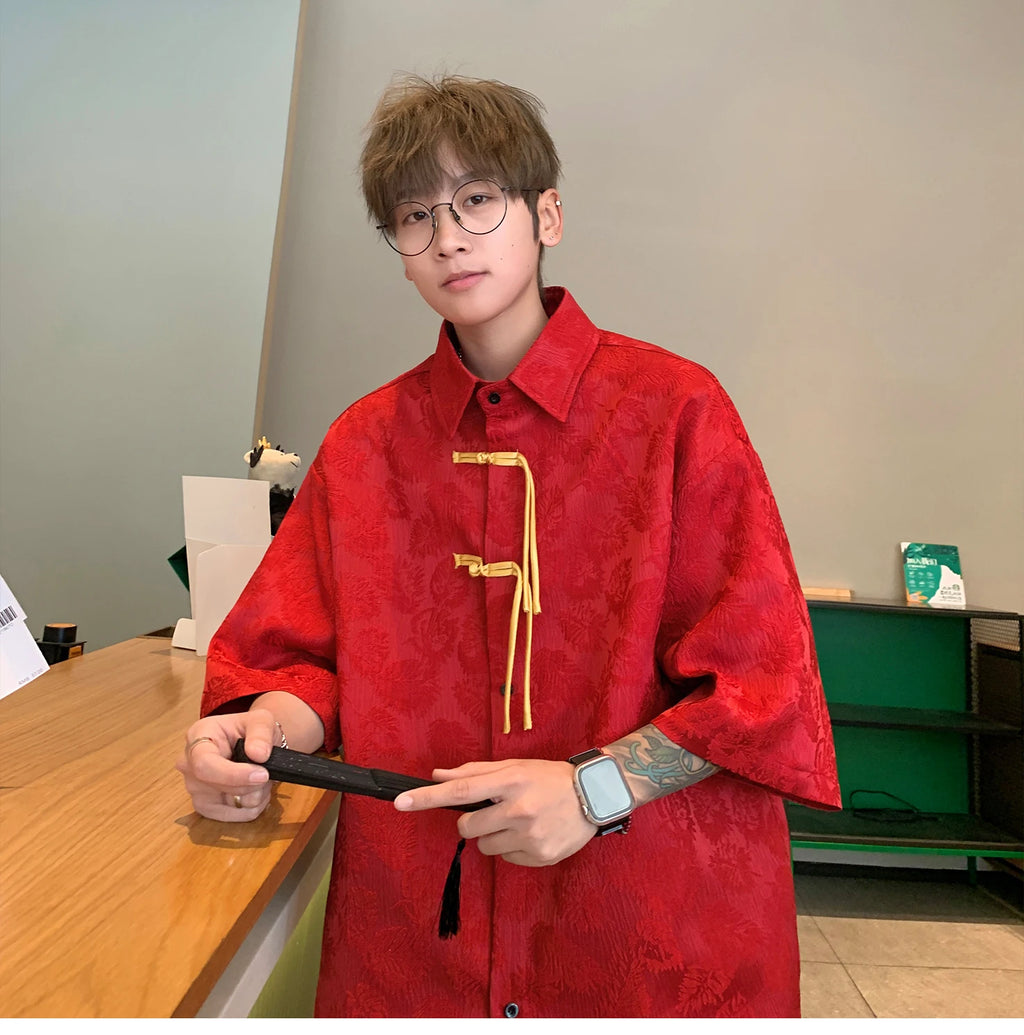 2024 Men Chinese Style Shirt Mens Tang Dress Hanfu Half-Sleeve Shirt Male Printing Kung Fu Outfit Loose Casual Tops