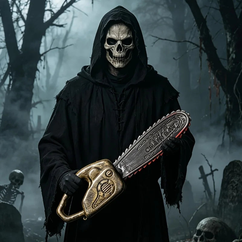 Halloween haunted house costume props, unsharpened plastic bloody knife, chainsaw, bronze axe—festival horror-themed weapons