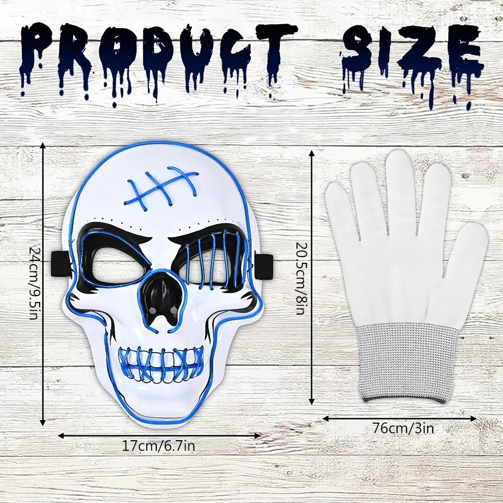 Halloween LED Mask With Gloves,Glowing Skull Mask Costume Set,Lights Up Horror Costume Props Halloween Party Cosplay Accessories