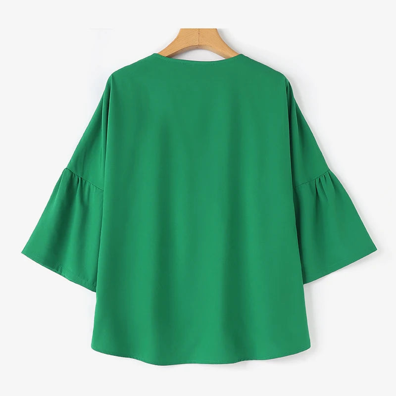 ZANZEA Women Summer Flare Sleeve Tops 2025 Casual Solid Color Blouse Fashion Pleating Tunic V-neck Shirt Loose Blusas Femininas