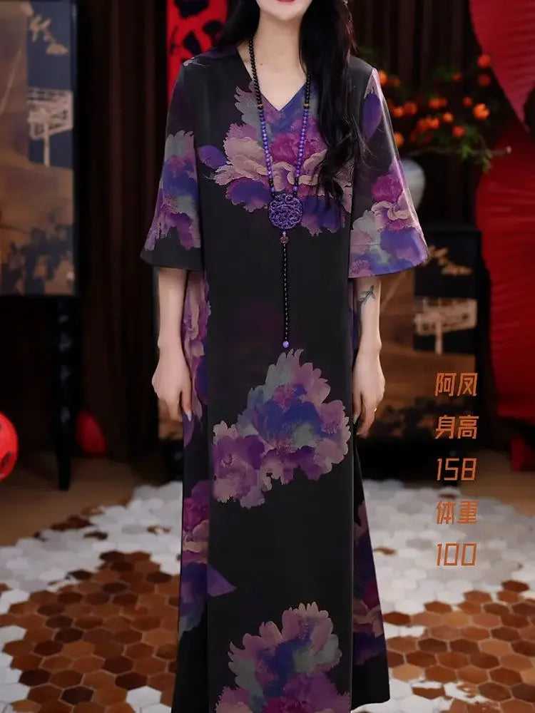 New Elegant Temperament V-neck Dress with New Style of Flesh Covering and Making It Look Thinner than the Knee A-line Skirt