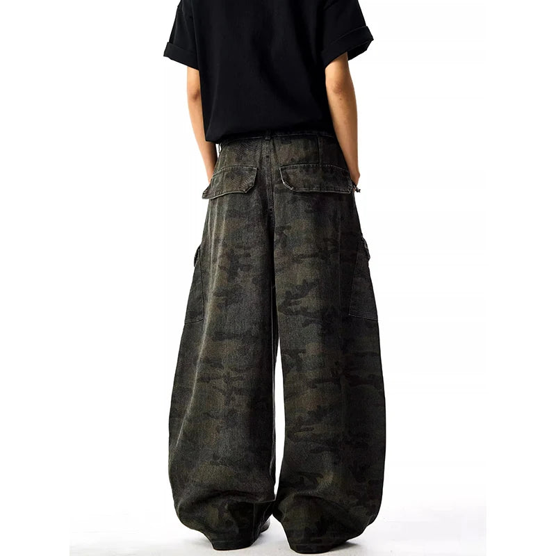High Waist Men's Camouflage Jeans Aesthetic Vintage 2000s Streetwear Y2K Wide Leg Jeans Autumn Spliced Trouser Baggy Denim Pants