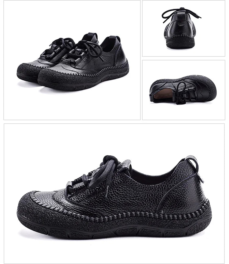 New real leather handmade shoes for women all season oxfords flats woman laced up moccasins cozy mom boat shoes round toe flats