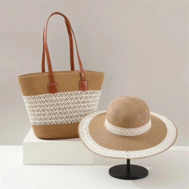 Large Capacity Straw Woven Bag And Hat Set for Outdoor Travel Face Slimming Wide Brim Sunshade Tote Bag Trendy Bucket Handbag