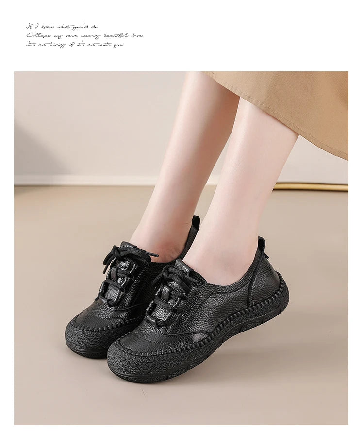 New real leather handmade shoes for women all season oxfords flats woman laced up moccasins cozy mom boat shoes round toe flats
